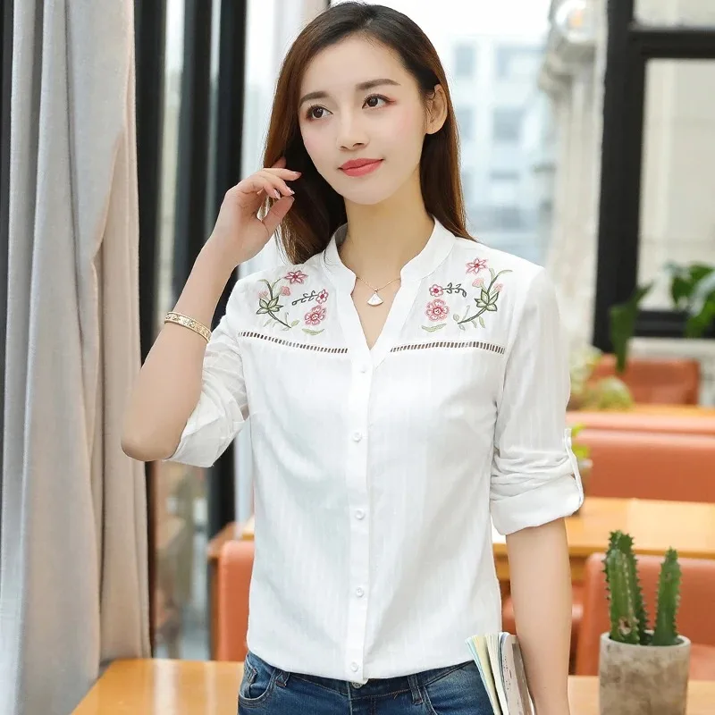 Fashion Floral Embroidery Women\'s Blouse Casual Long Sleeve Tops Elegant White Office Lady Shirt Women Clothing Blusas D839 30