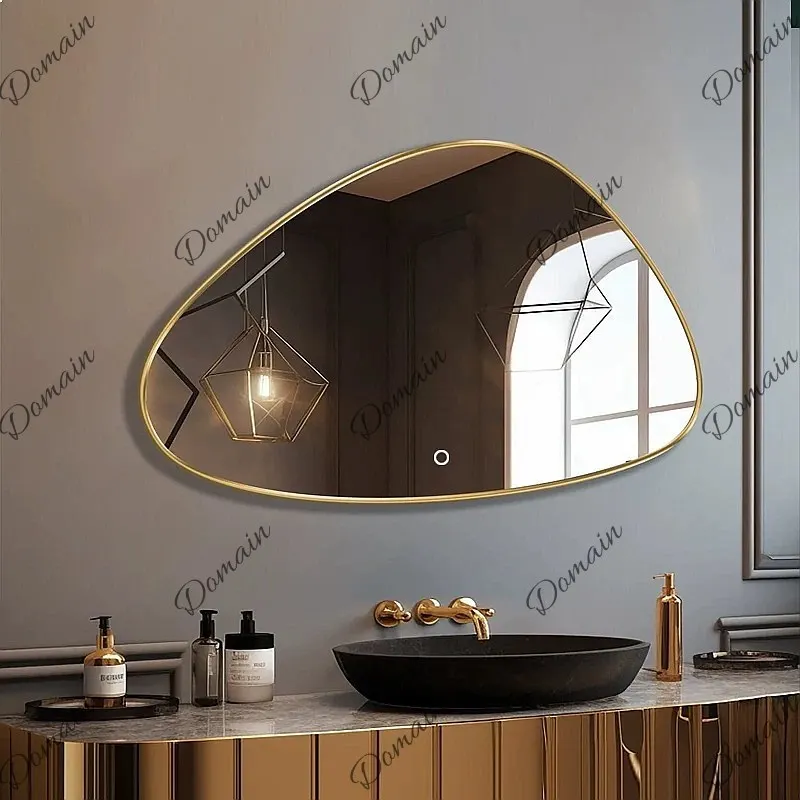Nordic modern bathroom LED luminous mirror creative gold special-shaped frame touch smart backlit bathroom mirror