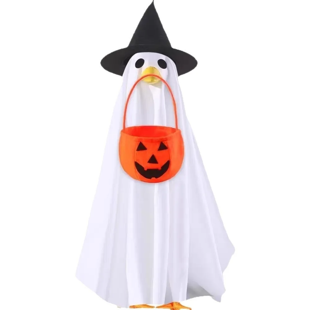 Wide Brim Halloween Porch Goose Outfit Witch Hat with Pumpkin Basket Goose Spooky Ghost Cloak Porch Goose Halloween Outfit