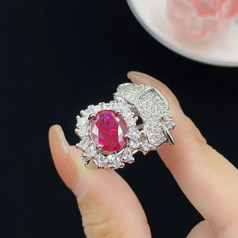 

Petal-Shaped Red Corundum Fashion Three-Piece Full Diamond Open Ring for Women Elegant Pendant Earrings Set