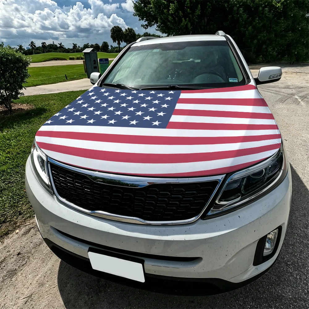 3.8x5.3ft American Car Hood Cover Flag USA United States Car Bonnet Banner Elastic Fabrics Windproof Patriotic Automotive