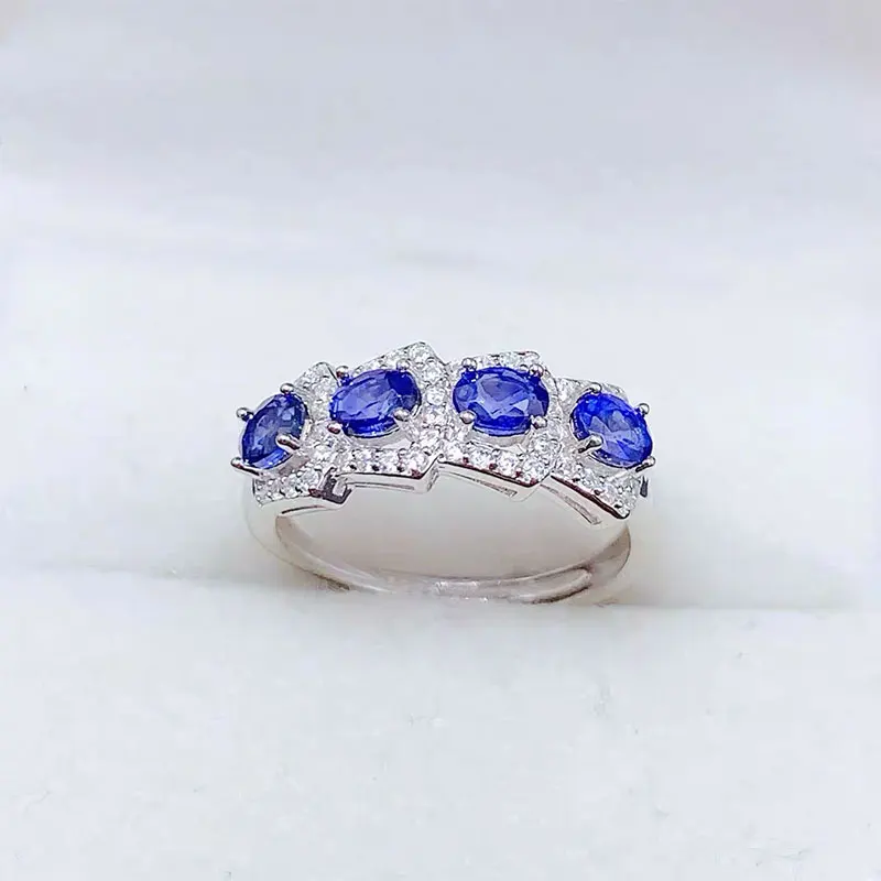 925 Silver Natural 3*4mm Sapphire Statement Ring Certified Fine Jewelry Platinum Plated Cluster Ring for Women Anniversary Gift