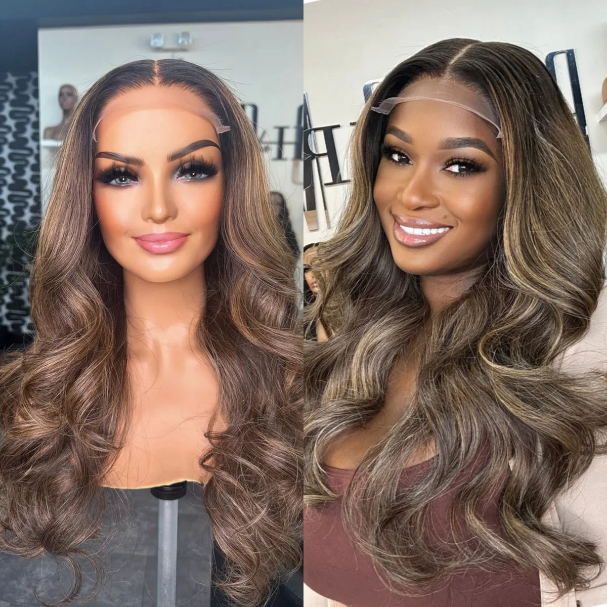 13x4 Middle Part Ombre Brown Highlights Human Hair Blend Synthetic Fiber HD Invisible Lace Long Body Wave Glueless Party Wigs