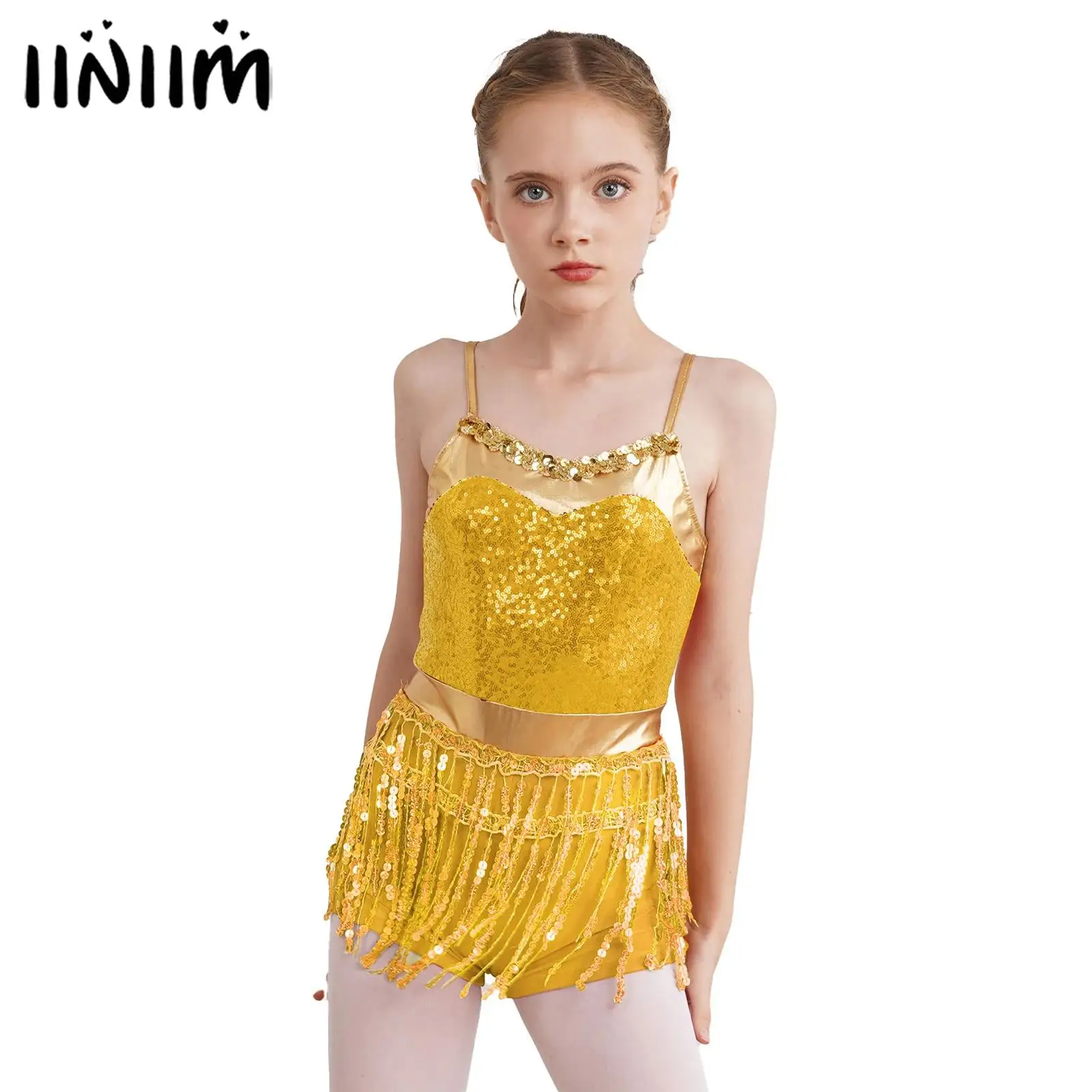 

Girls Sequin Bodice Jumpsuit Sequin Fringes of Bottoms for Jazz Ballet Dancing Gymnatics Skating Fringe Boyleg Athletic Jumpsuit