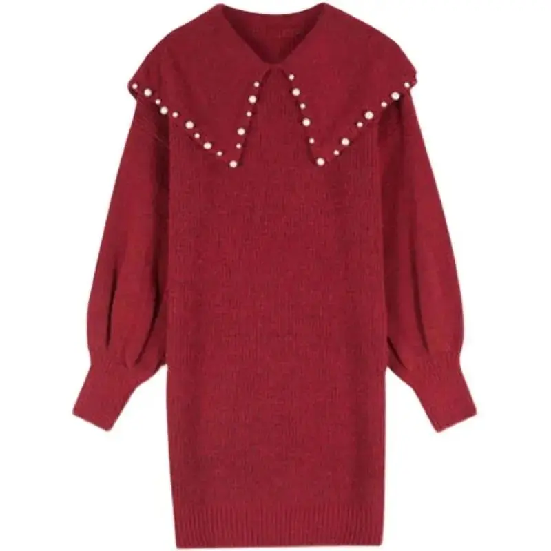 

Sweet Peter Pan Collar Beading Lantern Sleeve Sweaters Female Clothing 2024 Autumn Winter New Loose Korean Pullovers Casual Tops