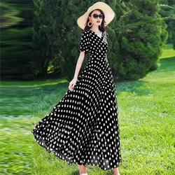 Fashion Fairy Princess Dresses Beach Holiday Polka Dot Printed Sexy Women V-Neck Elegant Party Dress Long Slim Chiffon Vintage