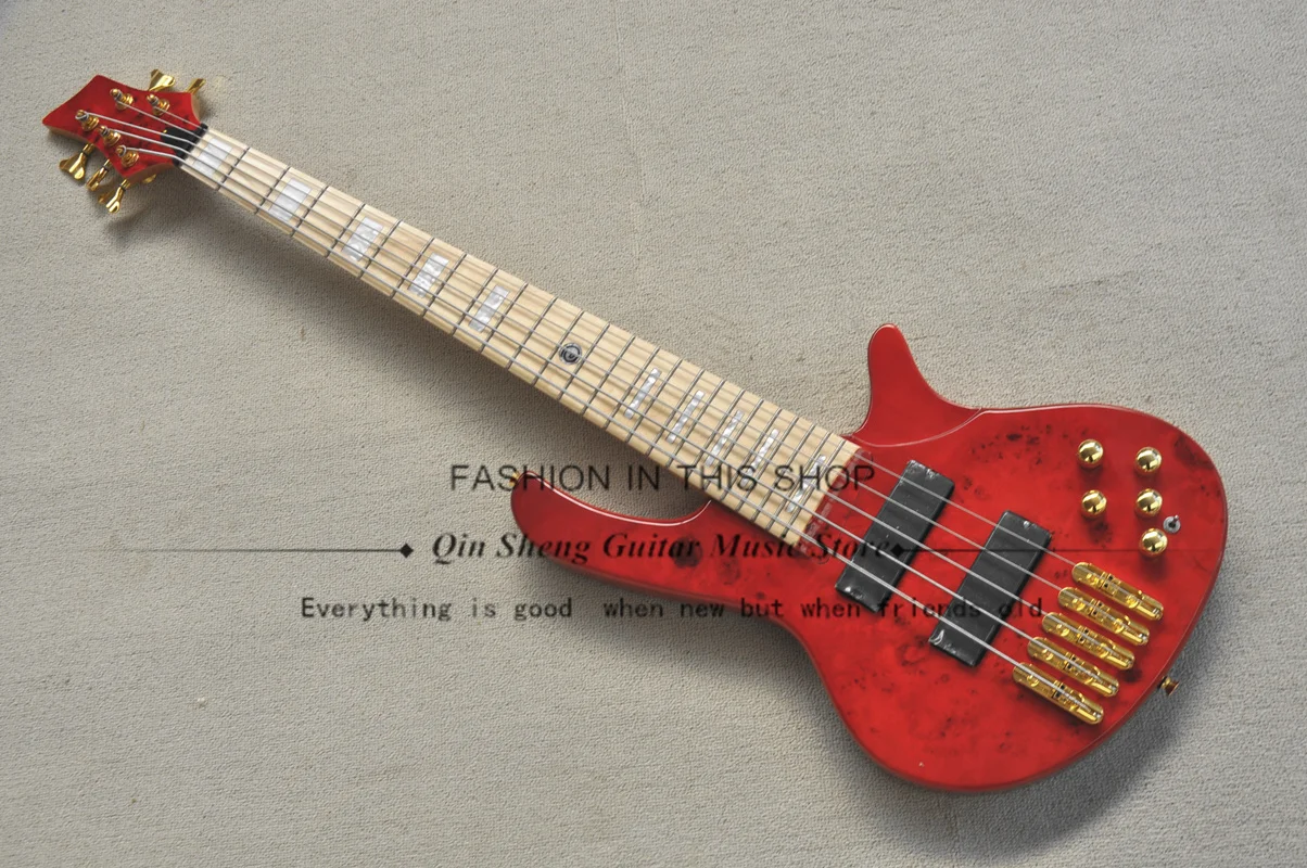 

5 String Red Bass Guitar deOl Bass Ash Body Burl Maple Top Maple Fingerboard Gold Indie Bridge Active Wide String Spacing 19mm