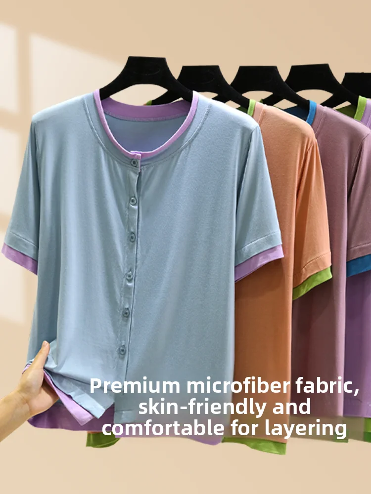 Slimming Effect Modal Thin Home Clothes round Neck Women's Outdoor Wearable Buttoned Open Cardigan Large Size Short Sleeve T-...