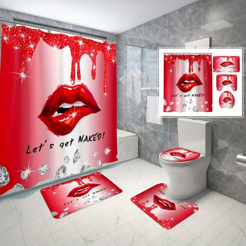 

Red Lips Diamond Print Shower Curtain Set with 12 Hooks - Water-resistant Polyester Bathroom Decor, Curtain wit