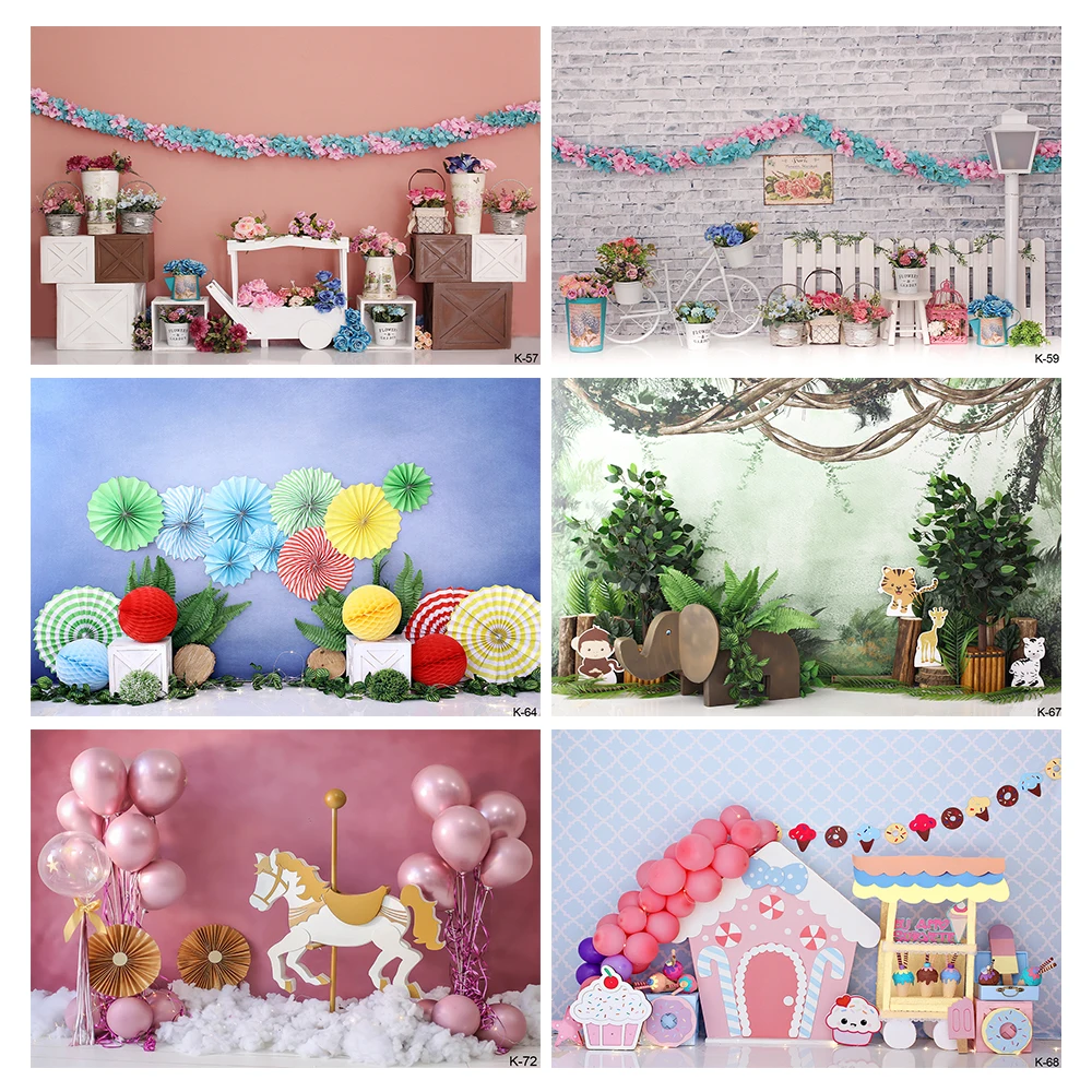 

Photography Background Wonderland Garden Flowers Green Plant Balloons Girl 1st Birthday Cake Smash Decor Backdrop Photo Studio