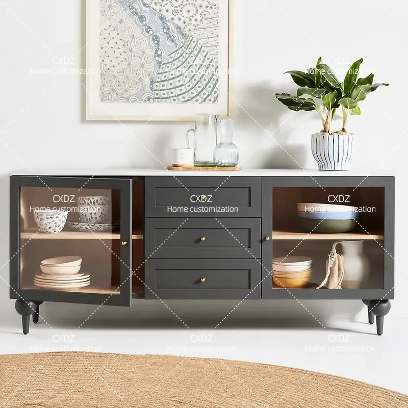 Solid Wood Dining Side Cabinet Black Glass Cupboard Retro TV Stand Small Living Room Entrance Storage Console Table