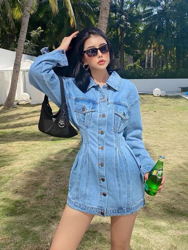 Denim dress casual high street women's blue denim A-line dress single breasted fashionable long sleeved women's 2 denim jacket