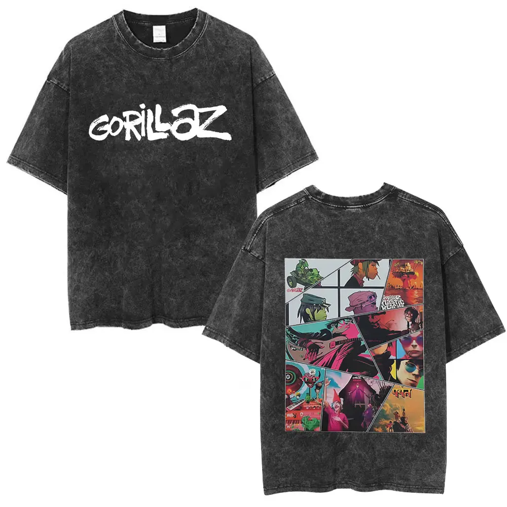 

Washed Vintage Rock Band Gorillaz Music Album Cover Graphic T-shirt Men Women Hip Hop Fashion Oversized T Shirt Men's Streetwear