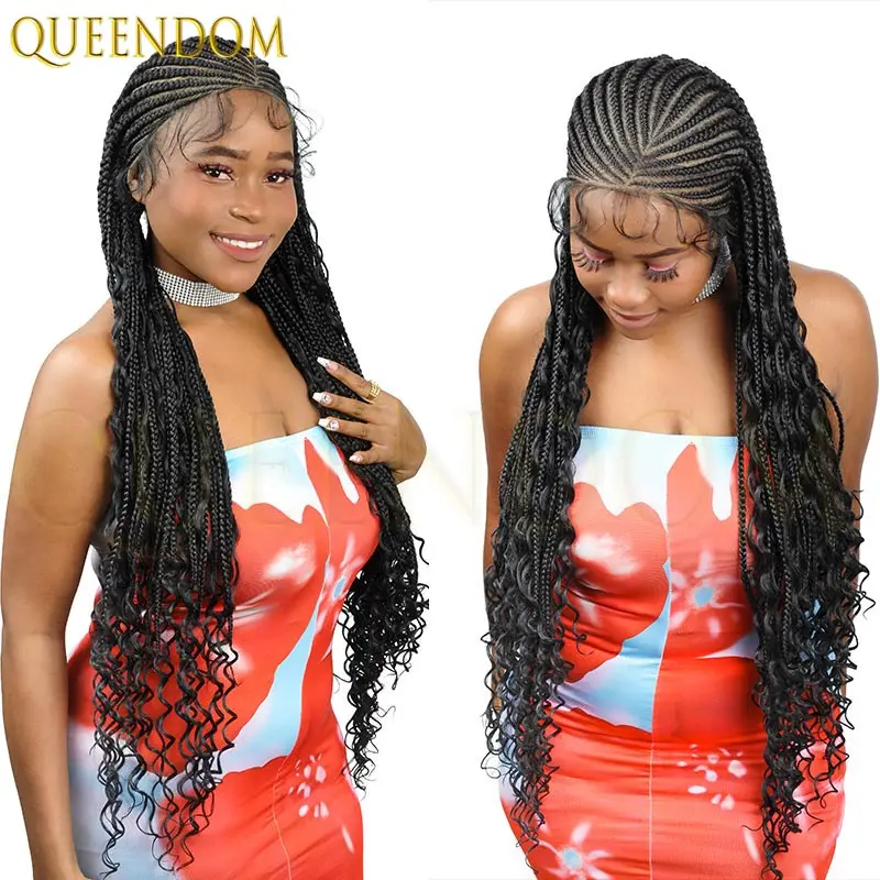 36 ''البوهيمي شعر مستعار دانتيل كامل للنساء السود الجانب جزء الاصطناعية مضفر آلهة صندوق جديلة فو Locs كورنو شعر مستعار