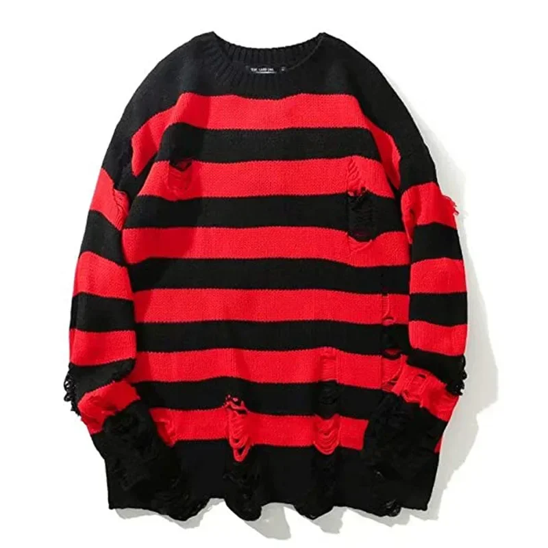 

Pullovers Men Sweaters Striped Hole Tops Knitted Round Neck Full Sleeve Splice Simple Top Knit Casual Loose Autumn Winter 2025