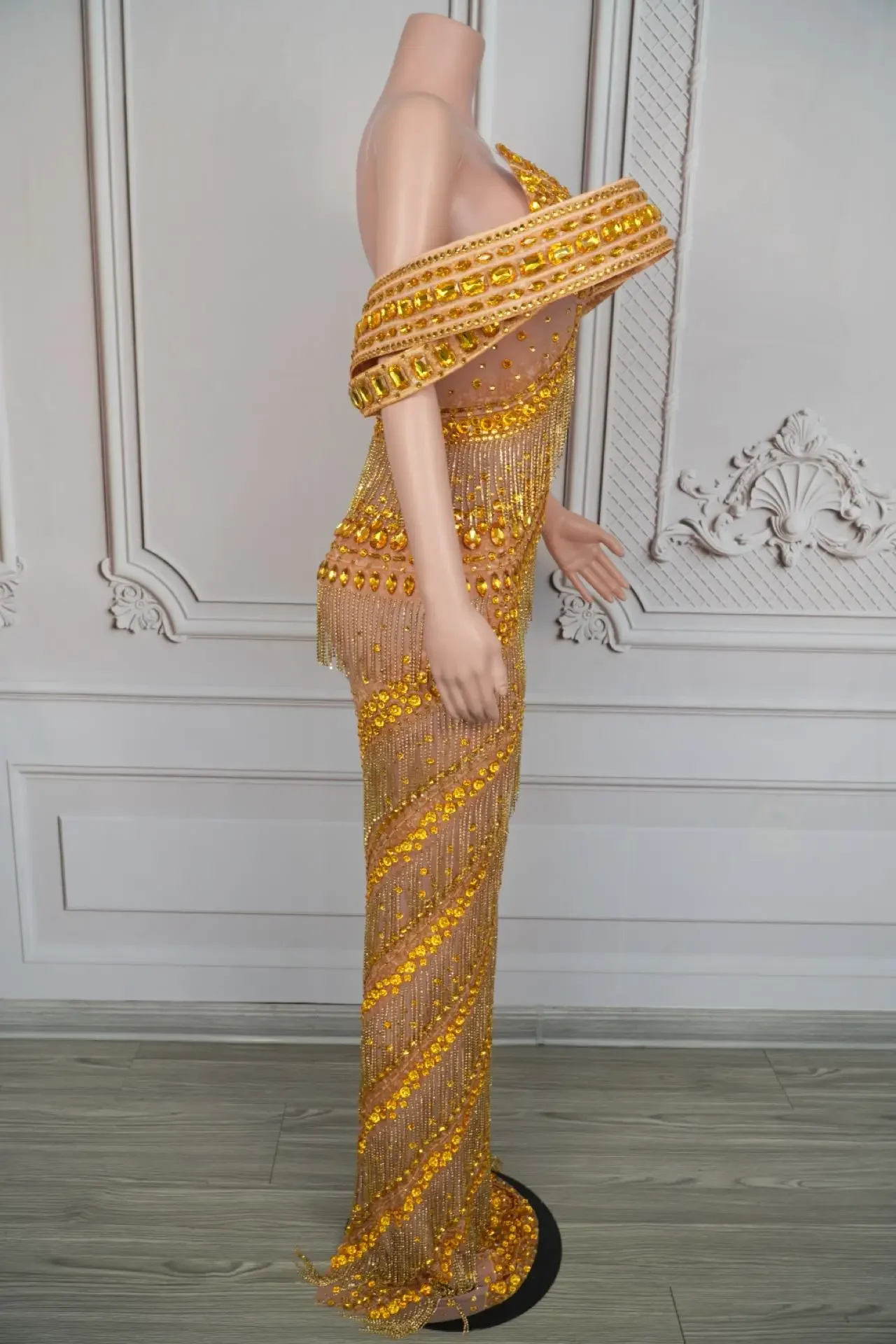 Glitter Gold Evening Dress Sexy Rhinestone Party Off Shoulder Chain Long Dress Gogo Clubwear Singer Stage Photoshoot Costume