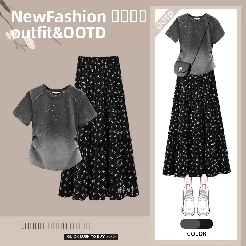 

Корейский стиль: модный комплект больших размеров, весенняя футболка с градиентным цветом и облегающим кроем, женская новая юбка с цветочным принтом и высокой талией.