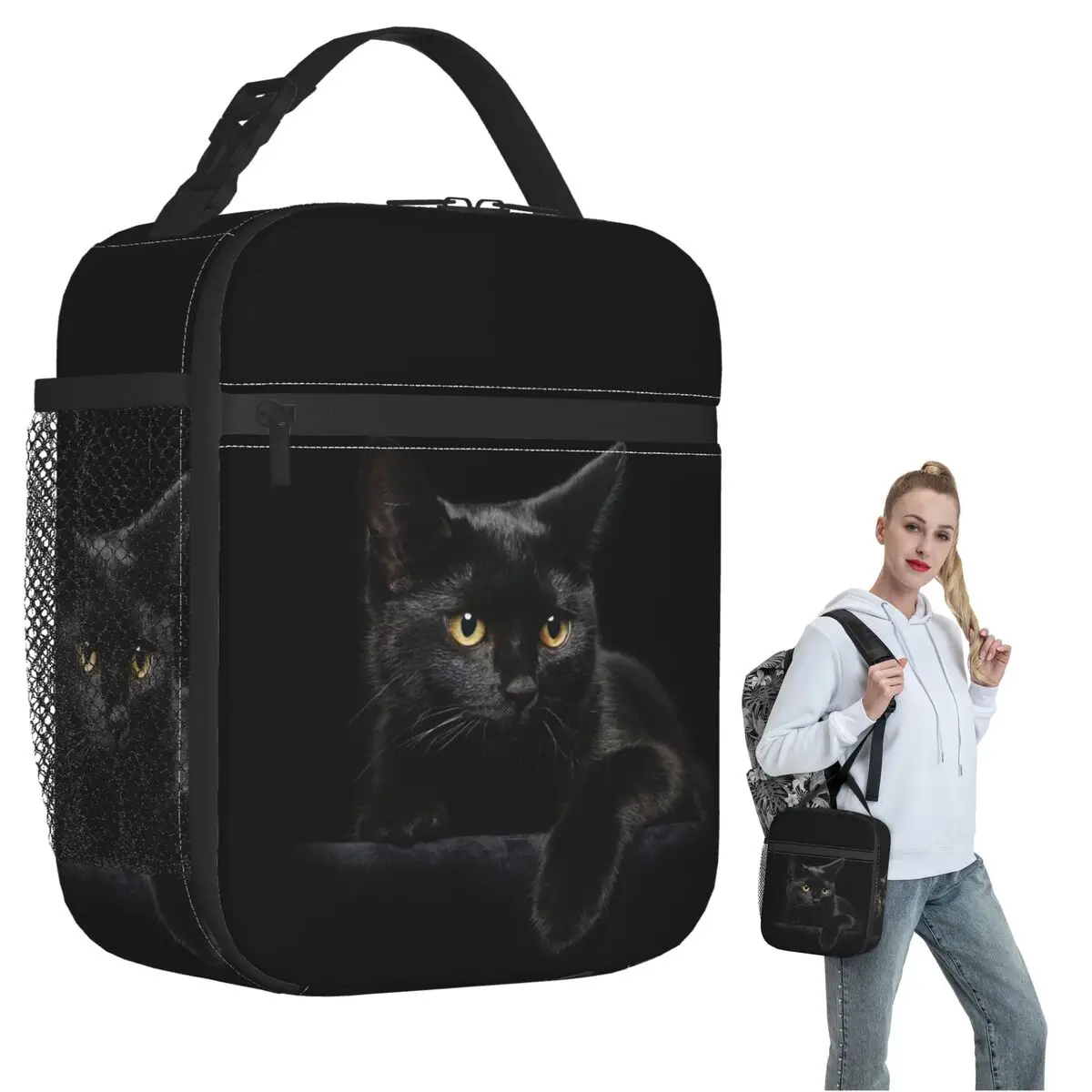 

Black Cat Insulated Lunch Bag for Women Children Portable Food Boxes Thermal Lunch Box Tote
