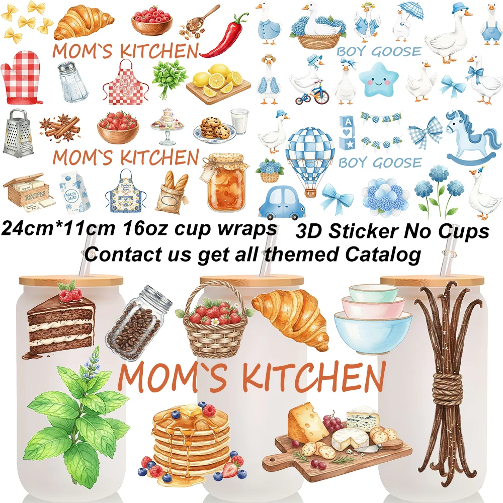 Mom's Kitchen Design UV DTF Cup Wraps 16oz Libbey Can 3D Transfer Stickers Watercolor Boy Goose Themed Waterproof Cup Decals
