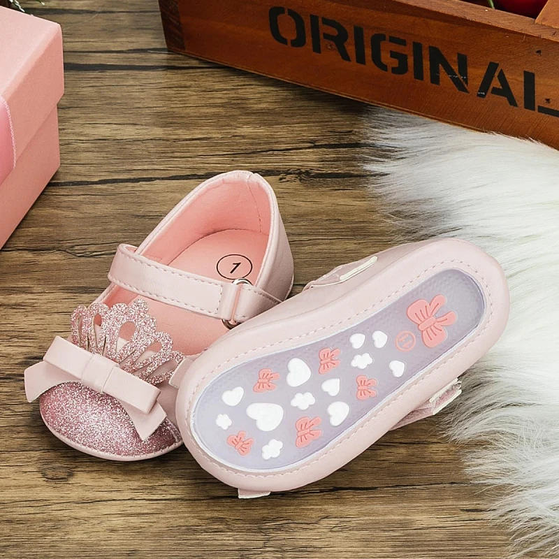 Infant Baby Girls Shoes Toddler Fashion Crown Princess Non-slip Rubber Soft-Sole Flat PU First Walker Newborn Mary Janes