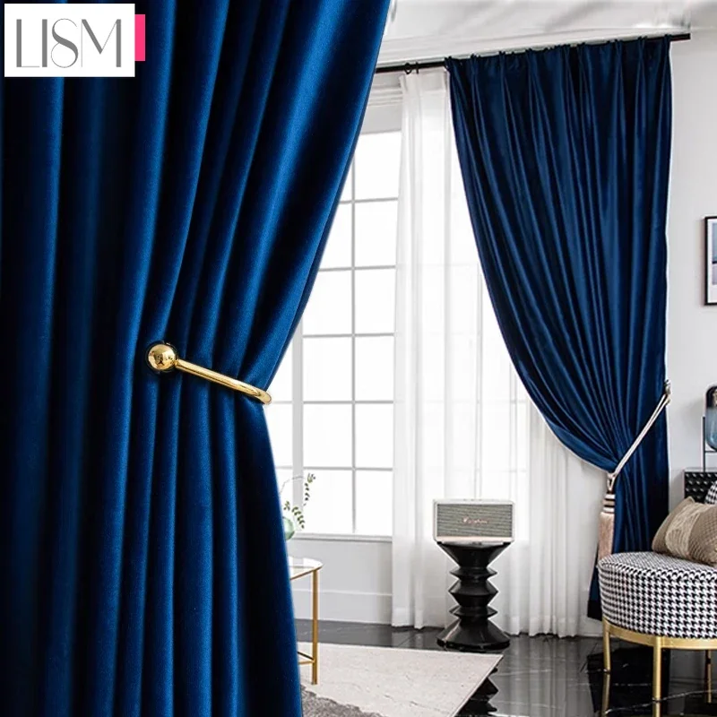 

New Light Luxury Blue Velvet Curtains for Bedroom Living Room Blackout Cloth Custom Window Decor White Tulle Simple Solid Color