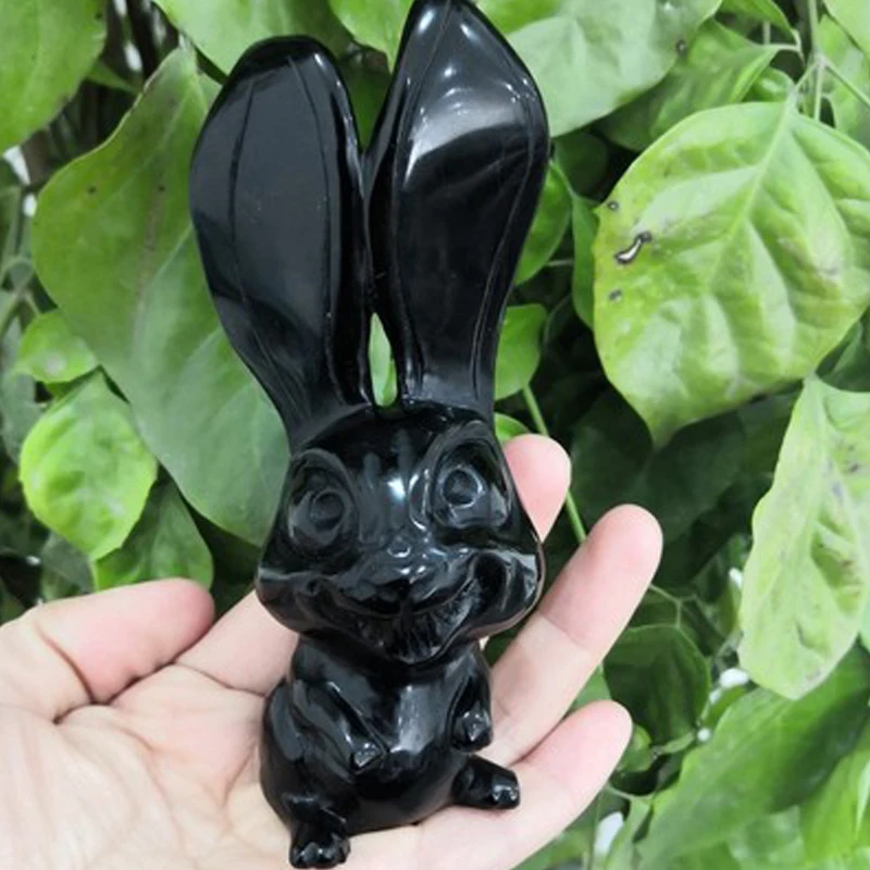 

Sitting Black Obsidian Quartz Crystal Rabbit Sculpture Art Long Eared Volcanic Glass Easter Bunny Statue Realistic Animal Figure