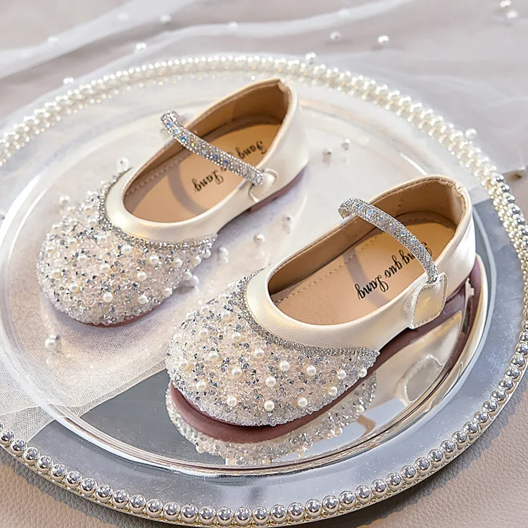 

Girls' Crystal Princess Shoes Children's Leather Shoes 2025 Autumn New Pearl Sequin Soft Bottom Baby Flat Casual Shoes