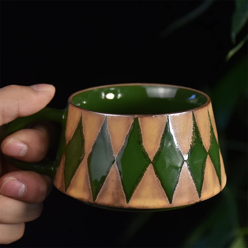 Handmade creative ceramic high-temperature kiln transformation retro rhombic small green latte coffee cup