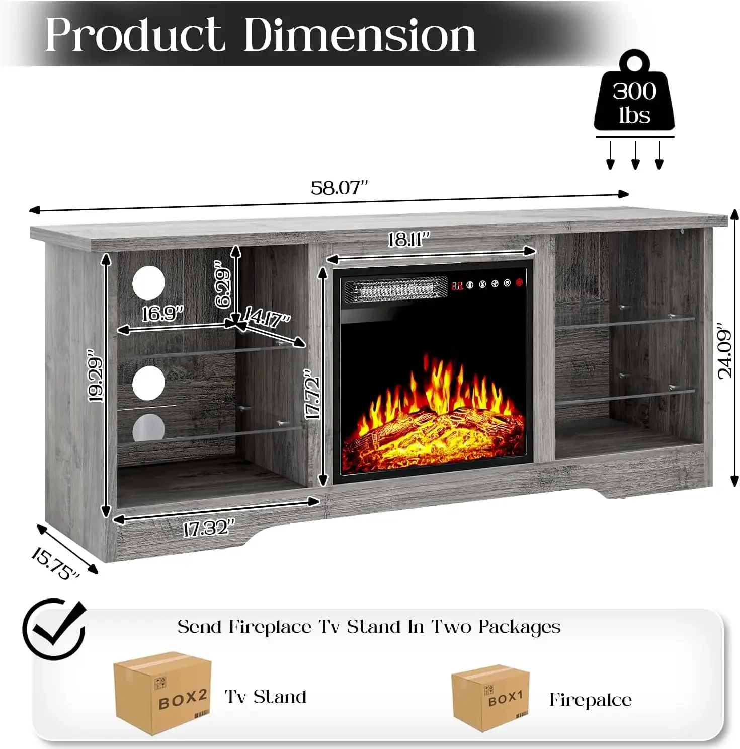 حامل تلفزيون مدفأة مقاس 58 بوصة لأجهزة التلفاز حتى 65 بوصة مع مدفأة كهربائية وجهاز تحكم عن بعد مقاس 18 بوصة، ترفيه خشبي حديث