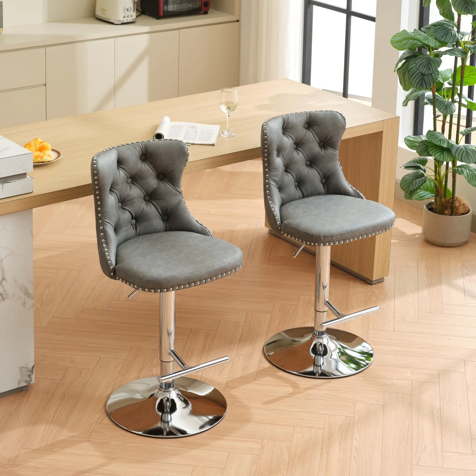 2 PCS, 2 Color Swivel Leather Upholstered Counter Height Bar Stools, PU leather Bar stools Adjustable Seat Height from 25-33 In