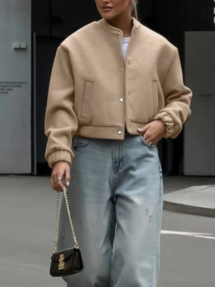 European American Autumn Winter Flight Jacket Fashion Khaki Thick Small Stand-up Collar Woolen Jacket Commuter  Women's Clothing