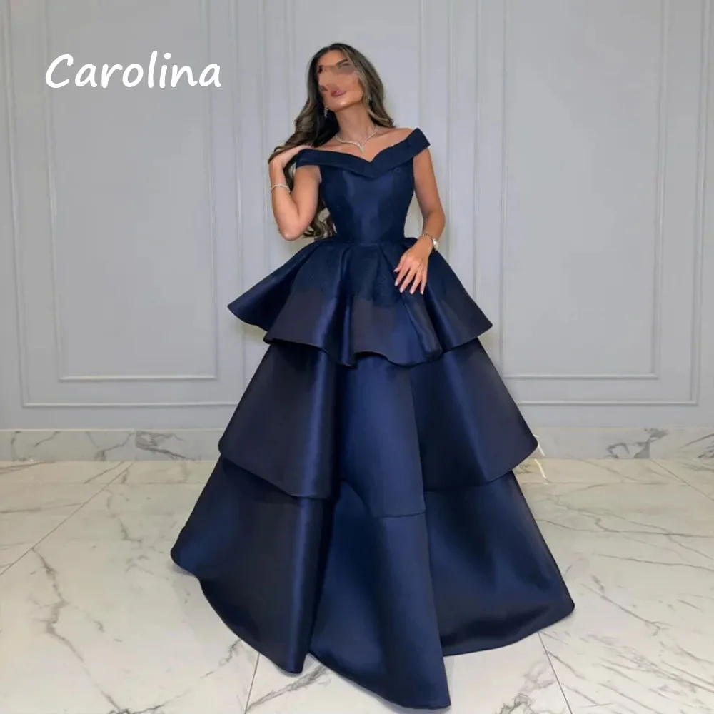 

Carolina Navy Blue V-Neck Off the Shoulder elegant Party Dresses 2024 A-Line Floor-Length Short Sleeves Evening Gown فساتين سهرة