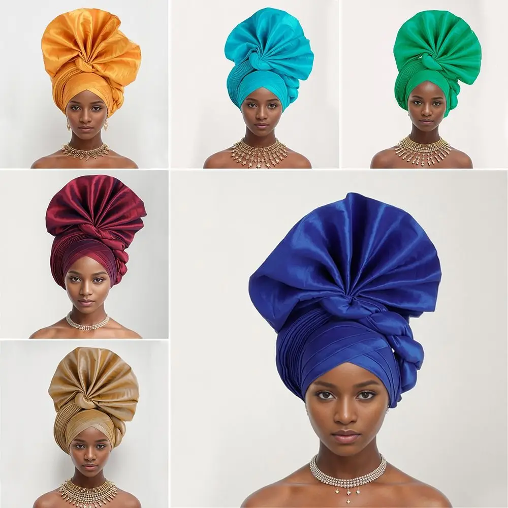 

Nigeria Raw Silk Turban Cap New Polyester Adjustable Party Head Wraps Female Headbands