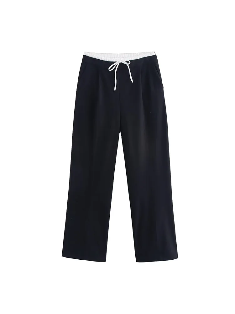 2025年秋 レディース ワイドレッグパンツ ヴィンテージ ルーズ パッチワーク ドローストリング リボン付き 女性 エレガント ストリートパンツ 衣類