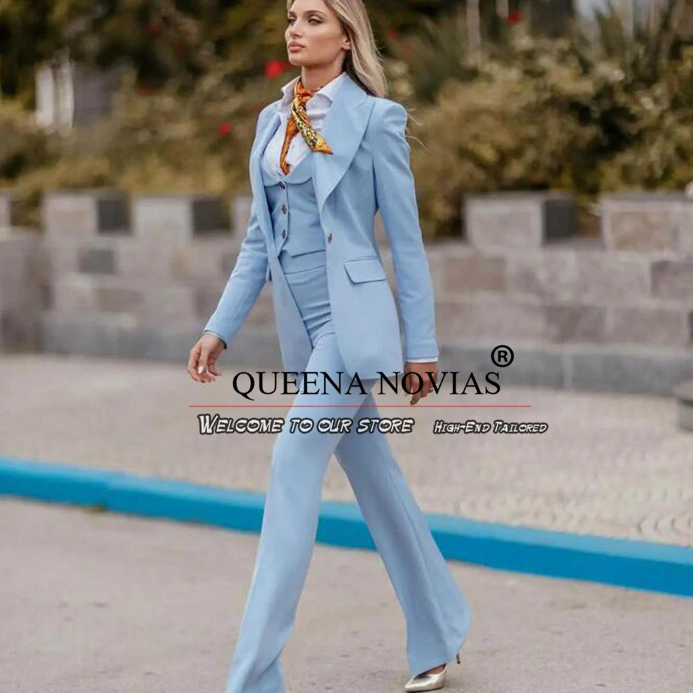 Elegant Women Pants Suits Sky Blue Jacket Vest Pants 3 Pieces Formal Party Mother Of Bride Dress Business Ladies Prom Blazer Set