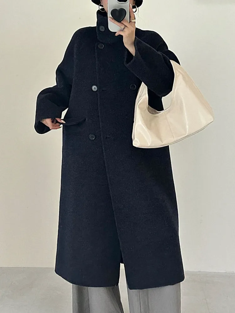 ZMEENNA Zweireihiger Damenmantel aus Wollmischung mit Stehkragen, übergroße lange Winterjacke, elegante Oberbekleidung ZM3820