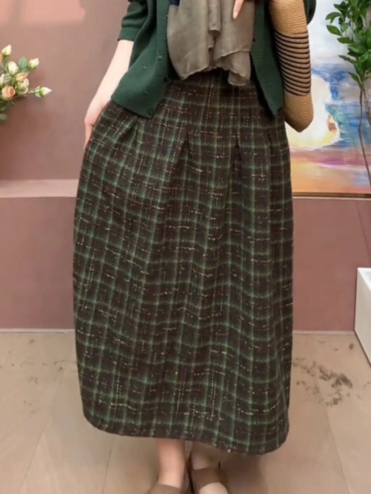 

Шерстяная клетчатая юбка трапециевидной формы в стиле ретро, женская утягивающая повседневная юбка средней длины с высокой талией для пригородных поездок и груша Bo...