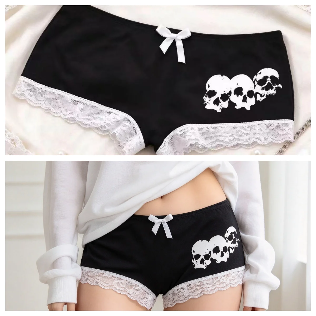 Black Lace Trim Shorts Skull Paw Print Bow Decor Casual Gothic Y2K Streetwear Boyshort Outerwear Bottoms