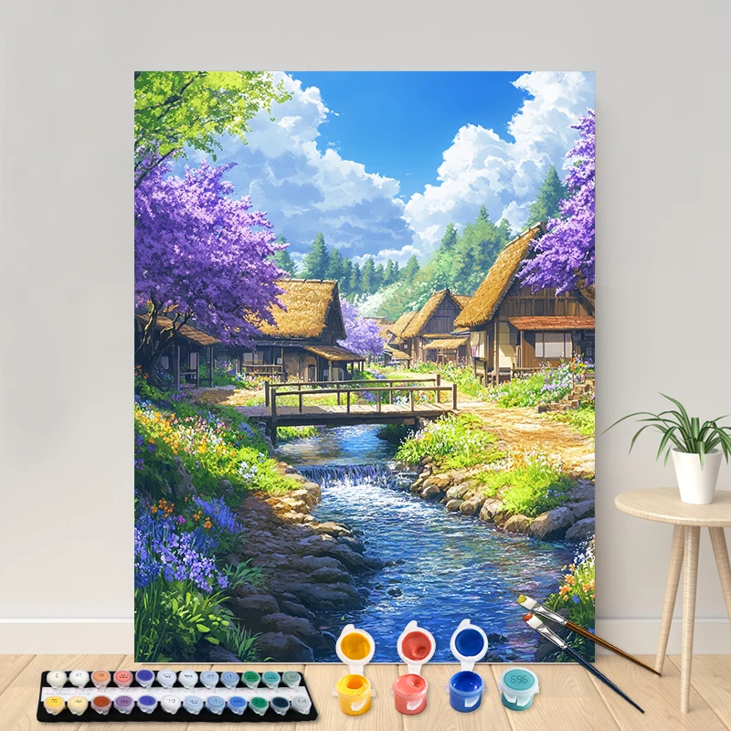 Pintura por Números: Aldea junto al Río de Flores Púrpuras, Cuadro por Números para Decoración del Hogar, Pintado a Mano, Regalo DIY