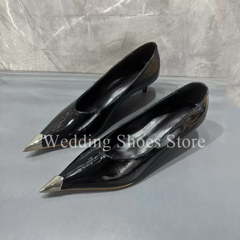 

Черные сексуальные туфли-лодочки с металлическим острым носком, женские элегантные туфли на высоком каблуке с неглубоким носком, новые одинарные туфли, женские туфли-лодочки, свадьба 2025 г.