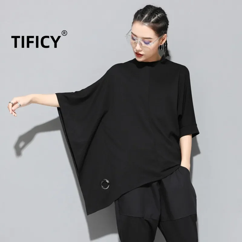 

TIFICY New Summer Personality Fashion Tshirts Women's Brand Bat Splice 3/4 Sleeve Cotton T-shirt Top