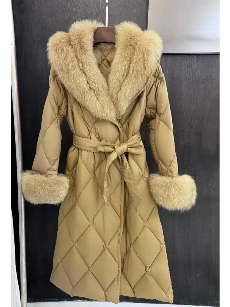 MENINA ホットセール パーカー パファージャケット 女性ファッション 新作 冬服 レディース ロング 厚手 暖かい 本物のフォックスファー ホワイトグースダウンコート