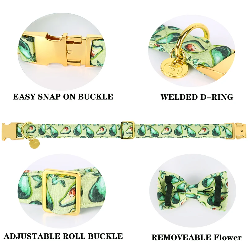 Unique Style Paws Personalized Green Dog Collar Summer Avocado Dog Collar with Bow Tie Pet Dog Collar for Large Medium Small Dog