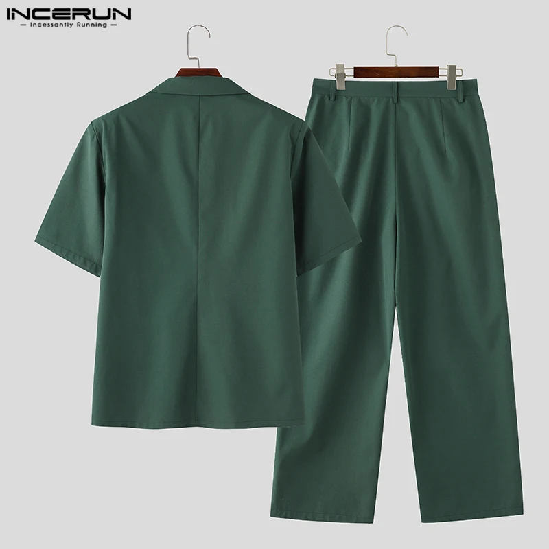 INCERUN 2024 Korean Style New Men Sets Short Sleeved Suit Jackets Long Pants Stylish Simple Male Suit Collar Suit 2 Pieces S-5XL