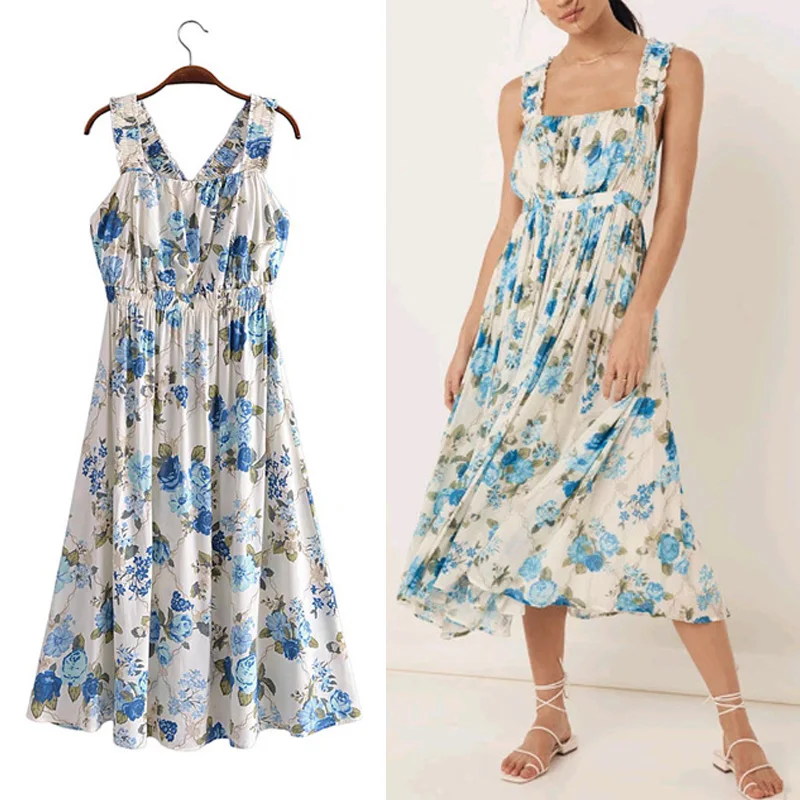 

TEELYNN Cotton Rayon Floral Printed Long Dress for Women Vintage Backless Sleeveless Strap Dresses Summer Boho Beach Vestidos