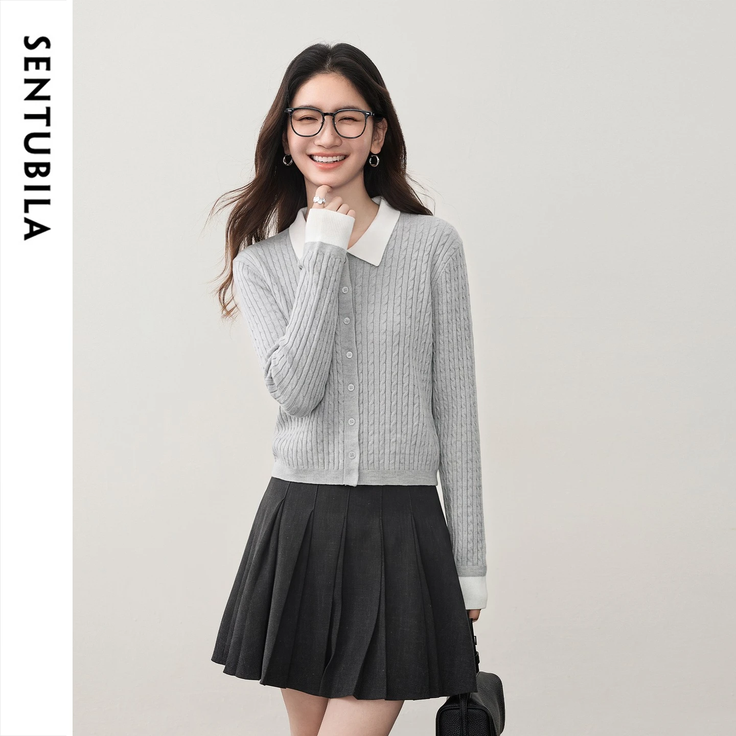 SENTUBILA Women's Cable Knit Cardigan Grey Autumn Casual Color Block Splicing Top 2026 Commute Slim Fit Female Sweater W64EB8852