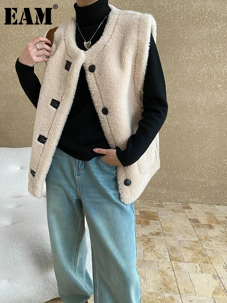 [EAM] Women Lambswool Thick Both Side Wear Big Size Warm Vest New O-collar Sleeveless Fashion Tide Autumn Winter 2024 1DH7878