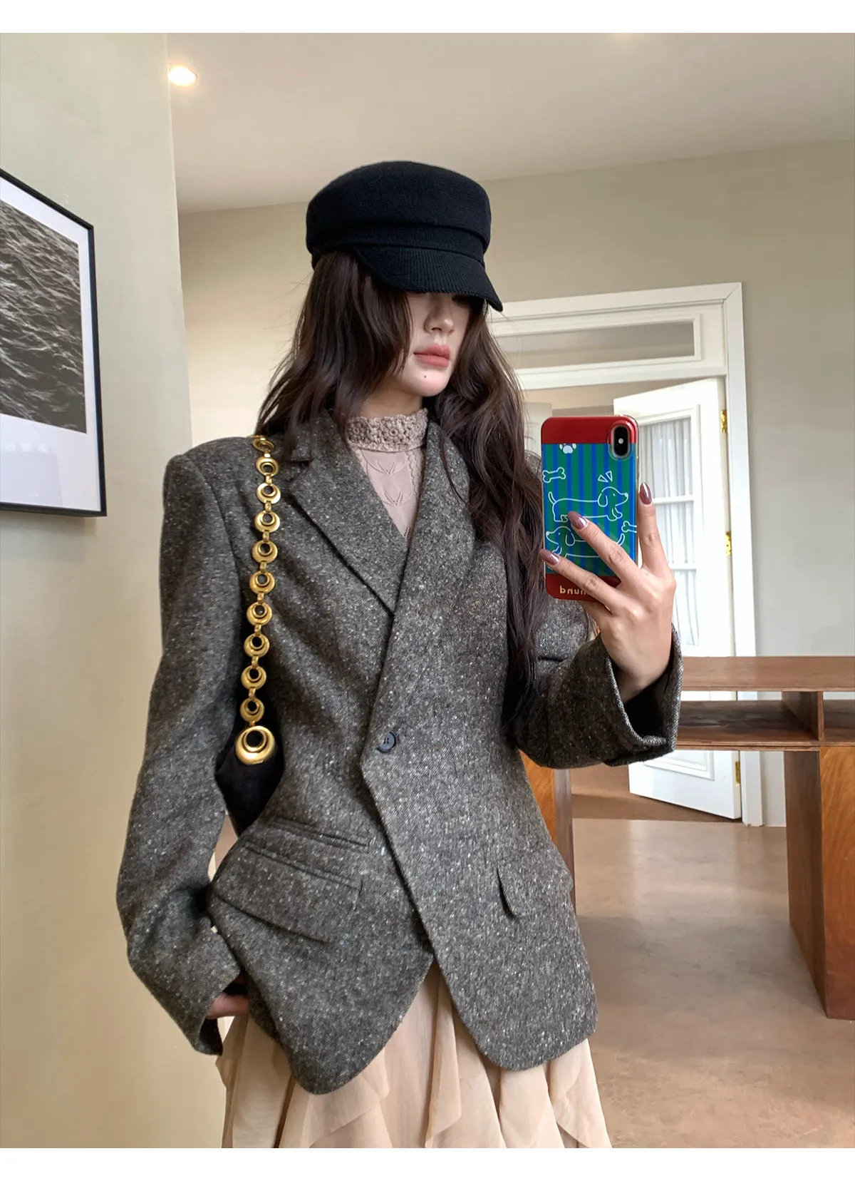 【MAR】Women Vintage Intellectual Grey Blazer Asymmetrical Lapel Tailored Waist Slim Woolen Coat