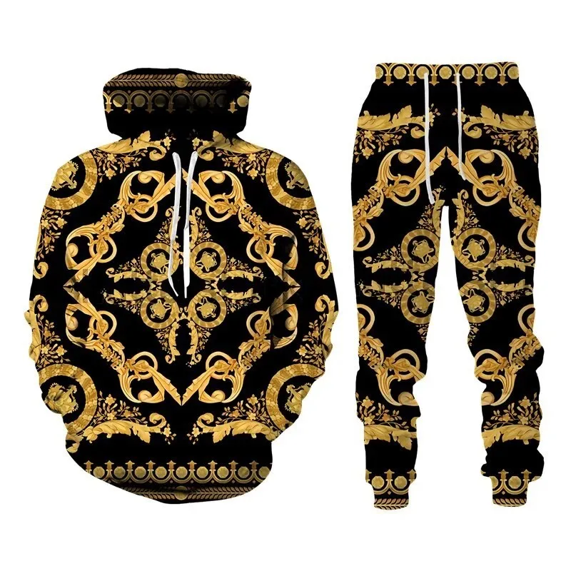 Fashion Luxury Golden Pattern Sweatshirt 3D Print Hooded Sweatshirt Pleasure Sportswear Trousers Suit Unisex clothing