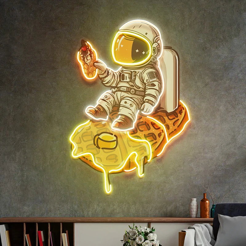 Imagem -03 - Astronauta em Waffle Led Sinal de Luz de Néon Logotipo do Negócio Personalizado Restaurante Wall Art Decoração de Café